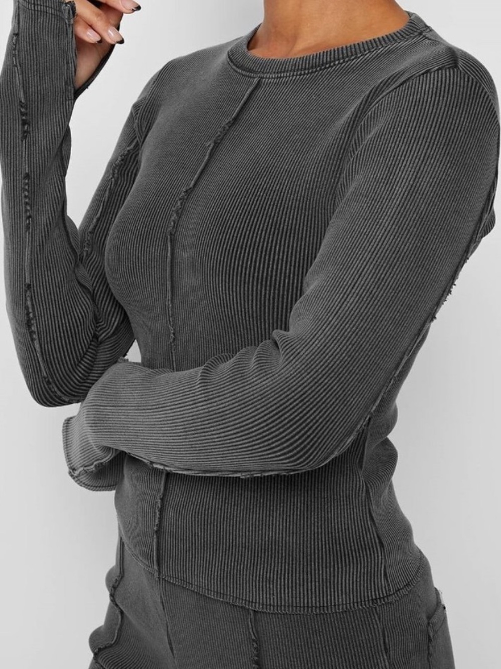 Maniere De Voir Ribbed Seam Crewneck Top - Charcoal
